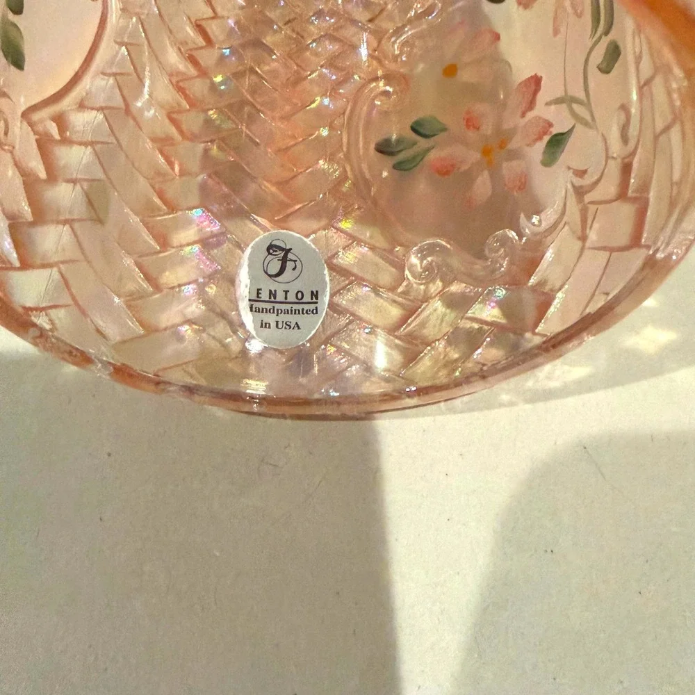 Fenton Champagne Basketweave Fairy Lamp Hand Painted Signed Sharon Fisher